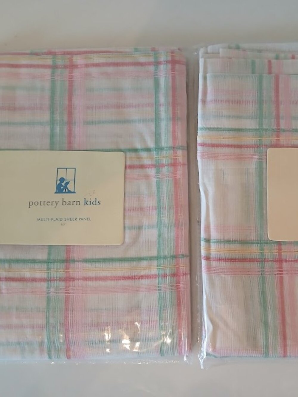 Pair POTTERY BARN KIDS Sheer Pink Green Plaid Sheer Panels